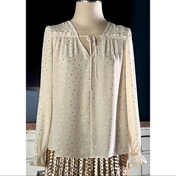 Anthropologie Bristol Longsleeve Cream Gold Dot Ruffle Blouse Top NWT S